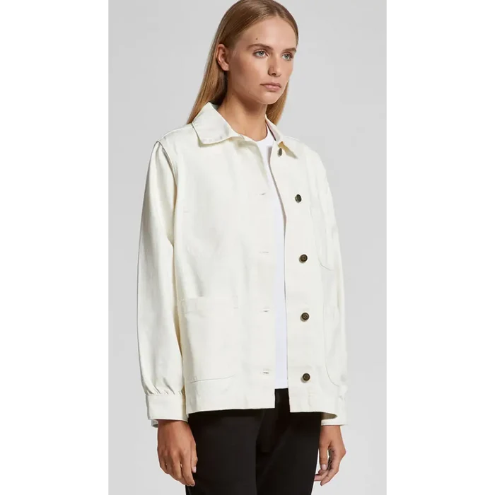 Cream-colored cotton keely denim jacket with dark buttons and classic collar perfect for uniforms and workwear