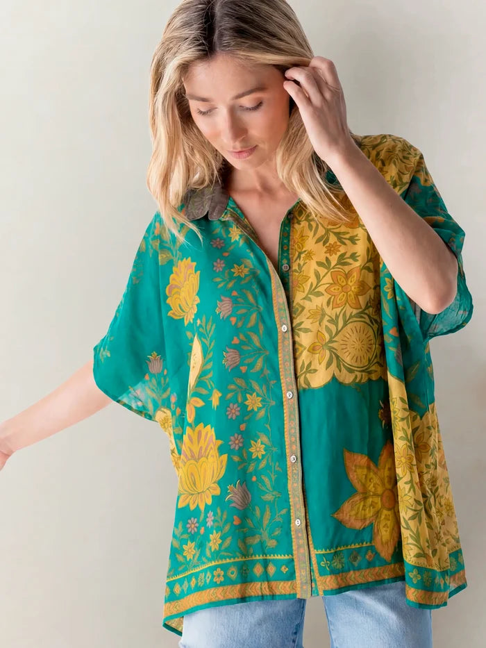 Kelly Oversized Cotton Button Down - Tan Floral Stamp-view 1