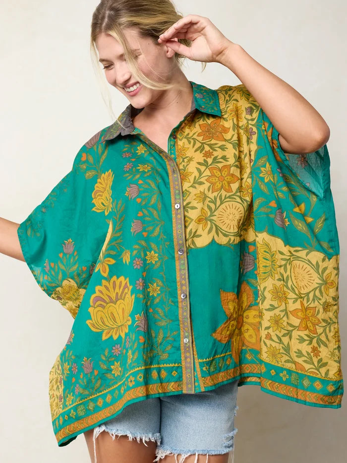 Kelly Oversized Cotton Button Down - Tan Floral Stamp-view 2