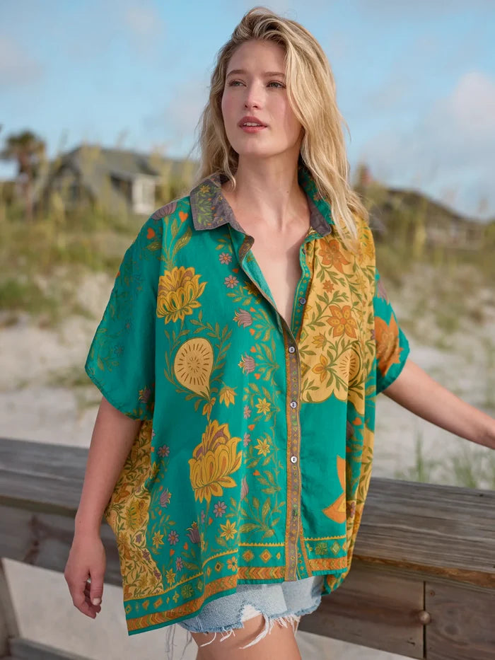 Kelly Oversized Cotton Button Down - Tan Floral Stamp-view 3