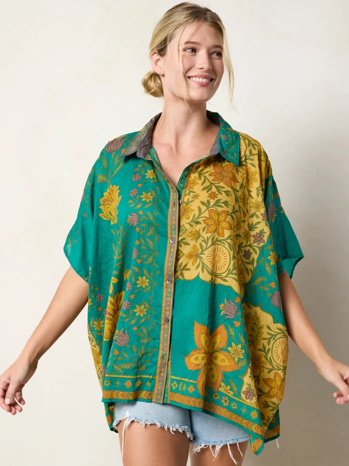 Kelly Oversized Cotton Button Down - Tan Floral Stamp-view 4