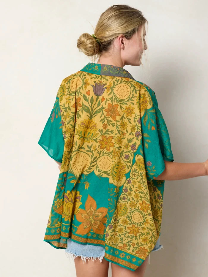Kelly Oversized Cotton Button Down - Tan Floral Stamp-view 6