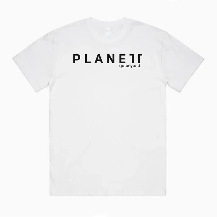 Kik Oversize Tee with white short-sleeve, black planet go beyond print, wide neck ribbing