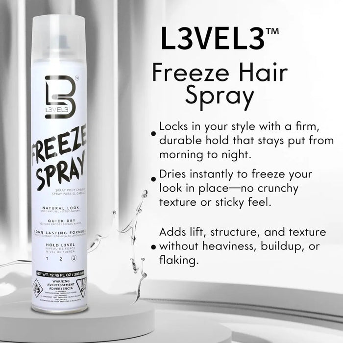 L3VEL3 Freeze Hair Spray can with product details on a white background