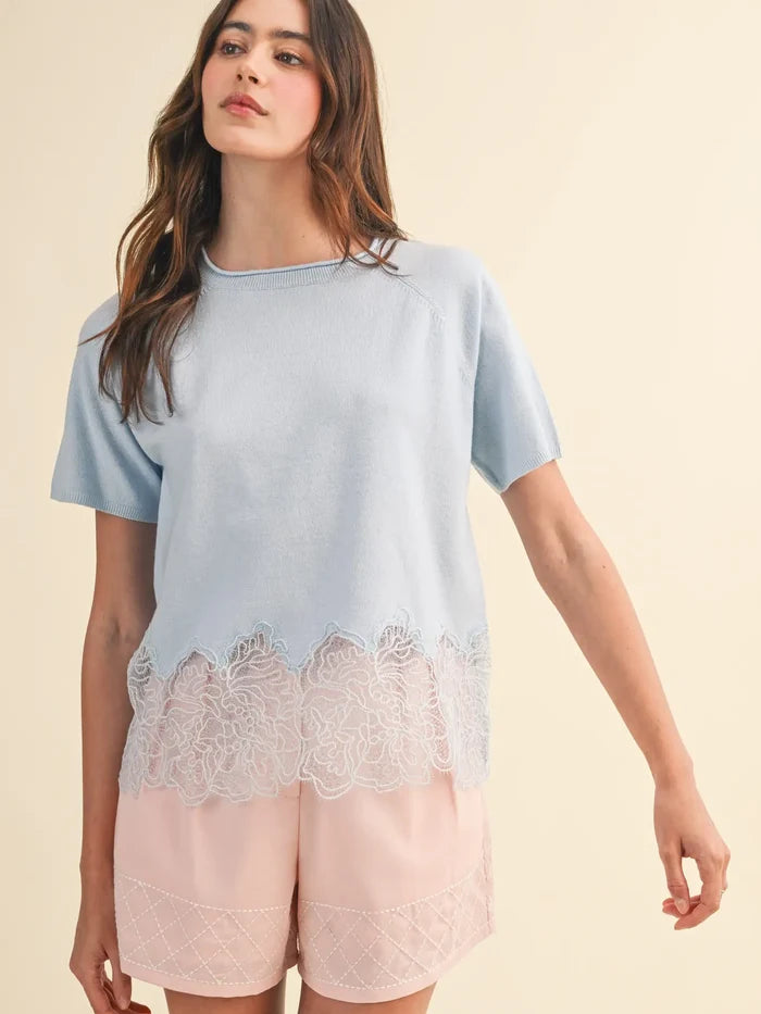 Lace Trim Round Neck Short Sleeve Sweater Top