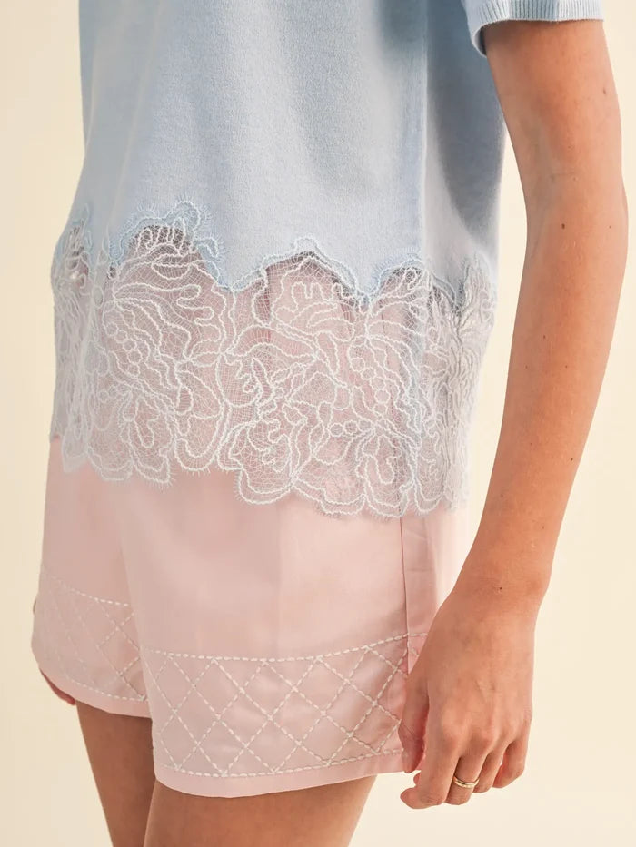 Lace Trim Round Neck Short Sleeve Sweater Top