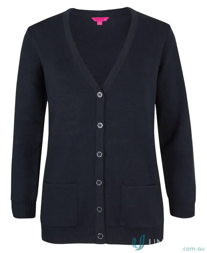 Dark blue ladies anti-bacterial knitted cardigan with V-neck, silver buttons, and pockets