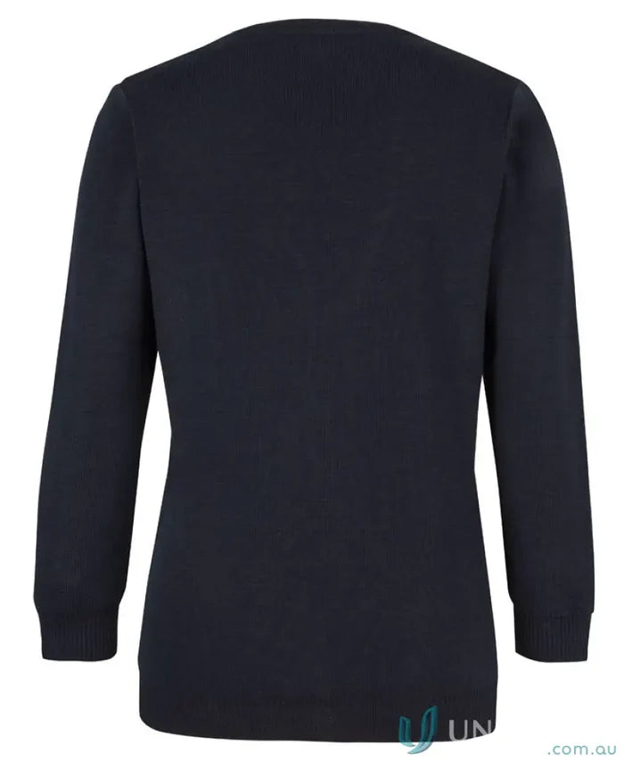 Ladies anti-bacterial easy care dark blue knitted cardigan with classic fit and crew neck
