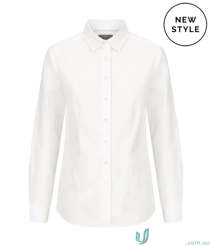 White long-sleeved cotton oxford shirt with hidden modesty button, Ashton 2103WL
