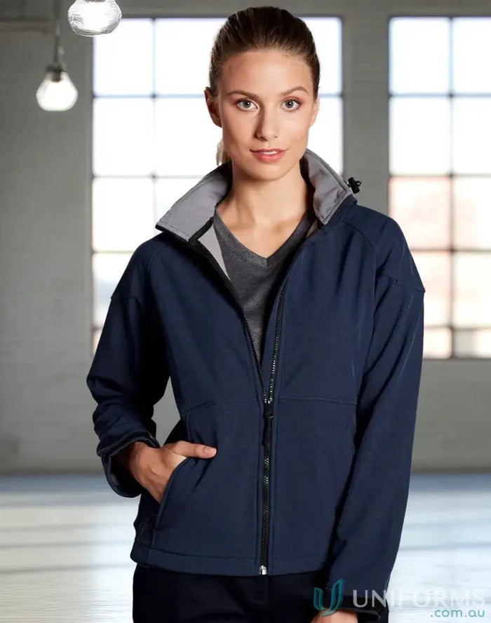 Women’s navy jk34 Aspen Softshell ladies Aspen softshell hooded jacket for outdoor wear