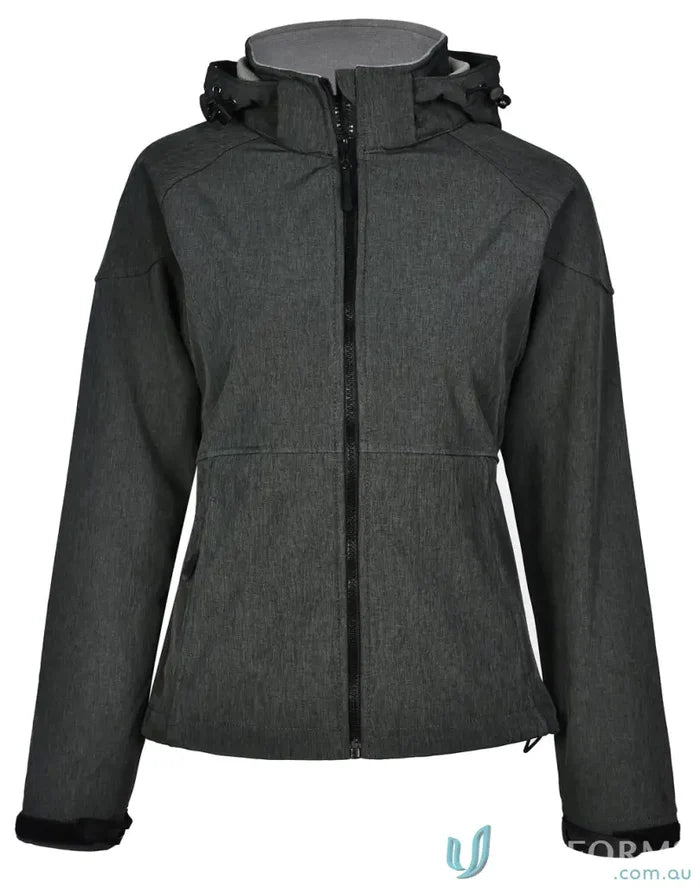 Gray hooded softshell jacket from jk34 Aspen Softshell collection for Ladies Aspen