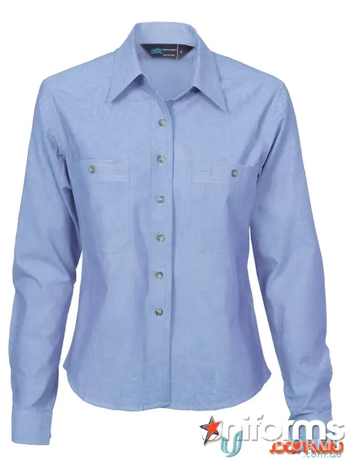 Light blue ladies cotton chambray shirt with long sleeves, perfect for casual wear