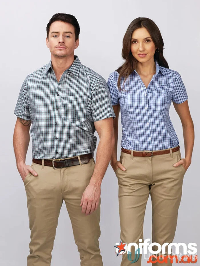 Two people wearing matching Ladies Hudson Short Sleeve Shirt in gingham check pattern