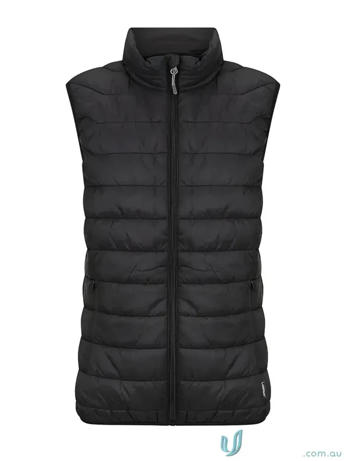 Ladies puffer vest with black quilted design made from recycled polyester insulation and PolyLoft ® recycled filler