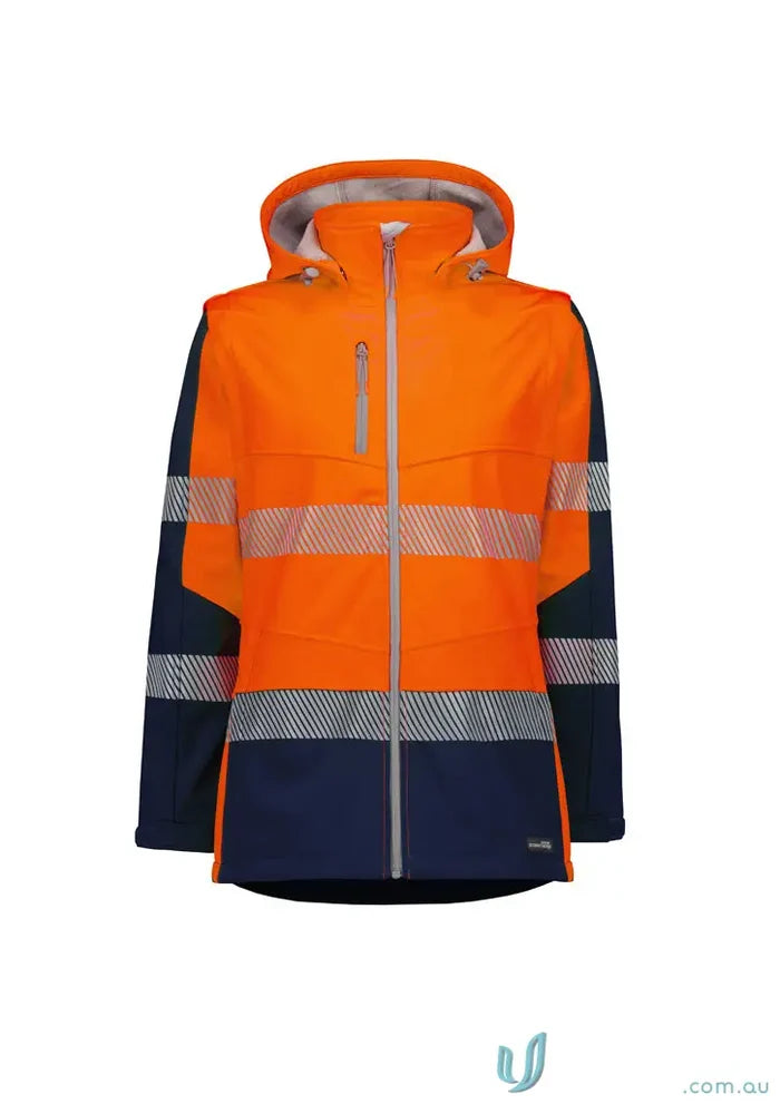 Orange and navy Ladies Streetworx 2 in 1 stretch softshell jacket with bio motion segmented design
