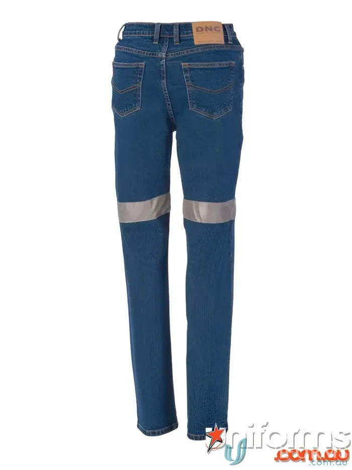 Ladies Taped Denim Stretch Jeans with reflective stripes, blue denim work pants