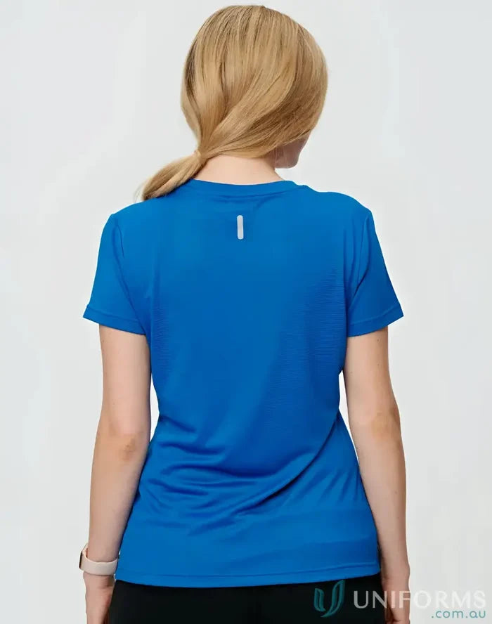 Ladies RapidCool Ultra Light Tee blue athletic shirt with reflective strip on back