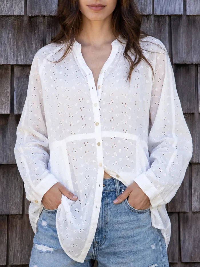 Laid Back Cotton Eyelet Button Down Top - White-view 1