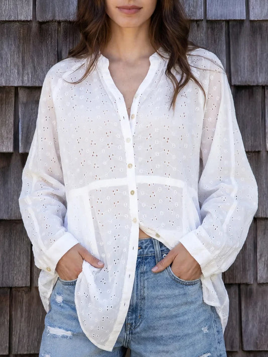 Laid Back Cotton Eyelet Button Down Top - White-view 1
