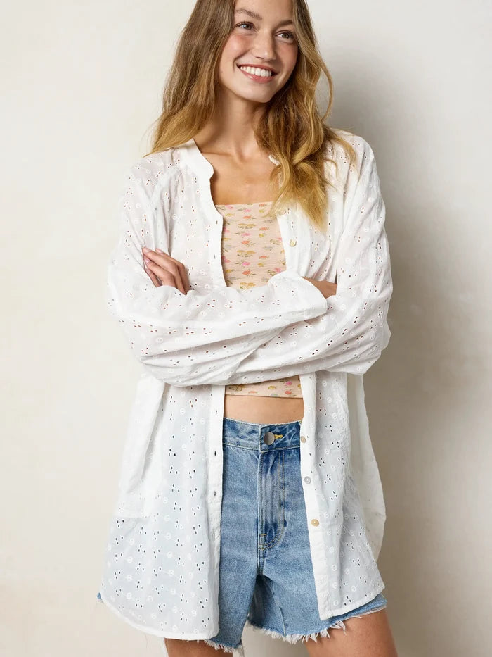 Laid Back Cotton Eyelet Button Down Top - White-view 2