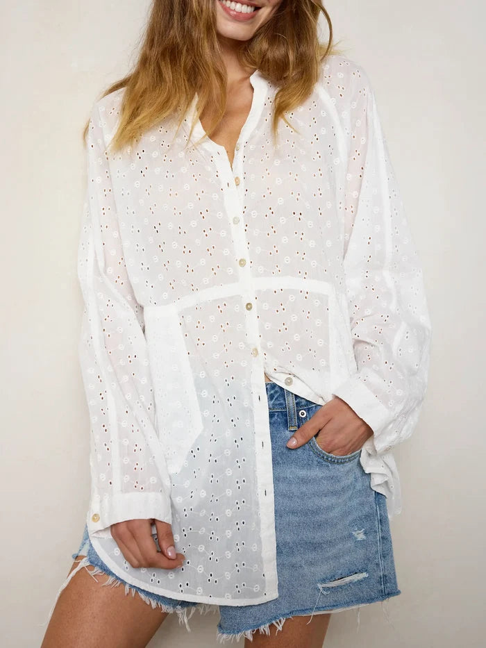 Laid Back Cotton Eyelet Button Down Top - White-view 3