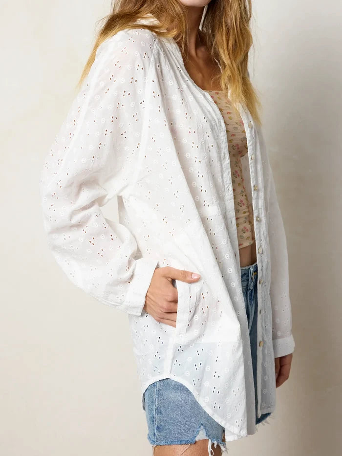 Laid Back Cotton Eyelet Button Down Top - White-view 4