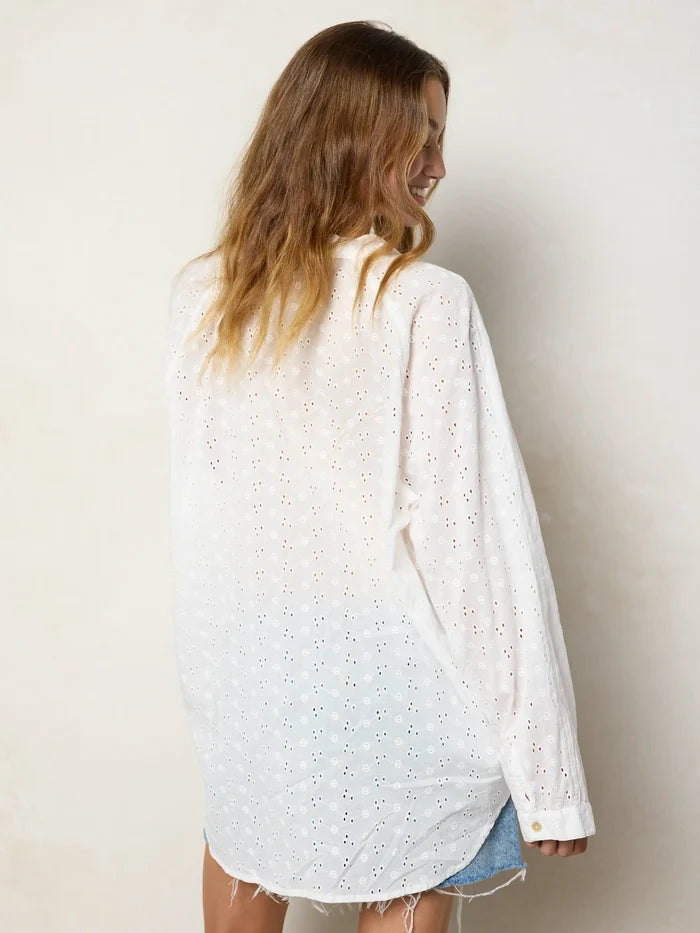 Laid Back Cotton Eyelet Button Down Top - White-view 5