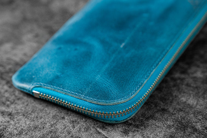 Leather Slip-N-Zip 4 Slots Zippered Pen Pouch - C.H. Ocean Blue