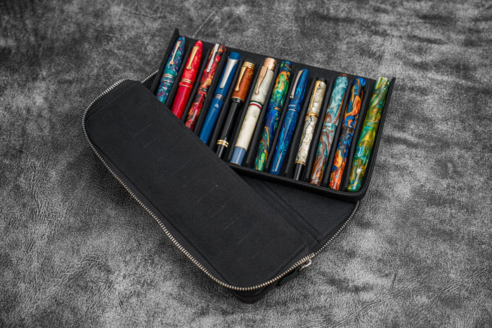 Leather Zippered Magnum Opus 12 Slots Hard Pen Case with Removable Pen Tray - Black