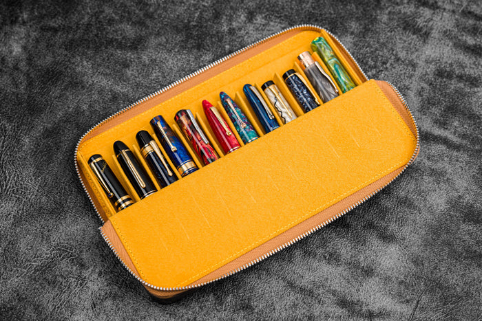Leather Zippered Magnum Opus 12 Slots Hard Pen Case with Removable Pen Tray - Crazy Horse Honey Ochre