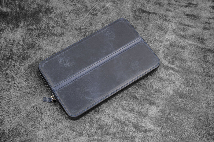 Leather Zippered Magnum Opus 12 Slots Hard Pen Case with Removable Pen Tray - Crazy Horse Navy Blue