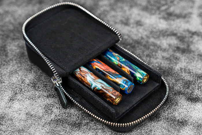 Leather Zippered Magnum Opus 3 Slots Hard Pen Case with Removable Pen Tray - Black
