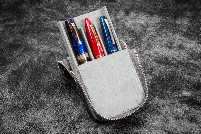 Leather Zippered Magnum Opus 3 Slots Hard Pen Case with Removable Pen Tray - Crazy Horse Smoky