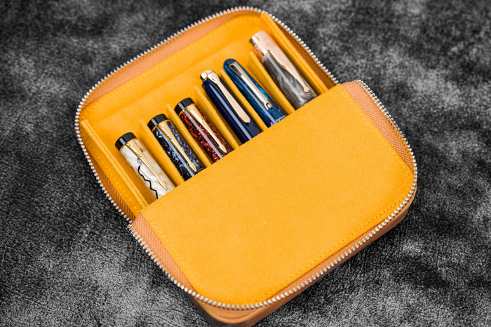 Leather Zippered Magnum Opus 6 Slots Hard Pen Case with Removable Pen Tray - Crazy Horse Honey Ochre