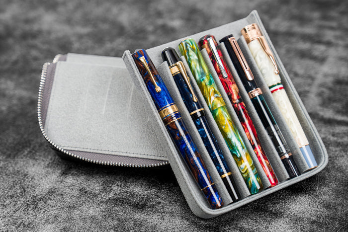 Leather Zippered Magnum Opus 6 Slots Hard Pen Case with Removable Pen Tray - Crazy Horse Smoky