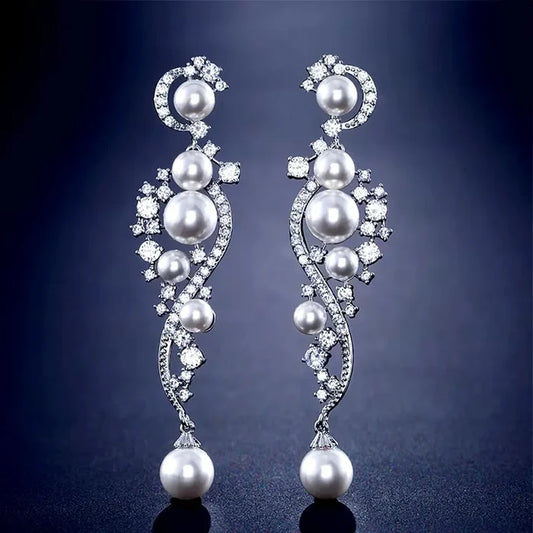 Wedding Jewelry - Pearl and Cubic Zirconia Bridal Earrings