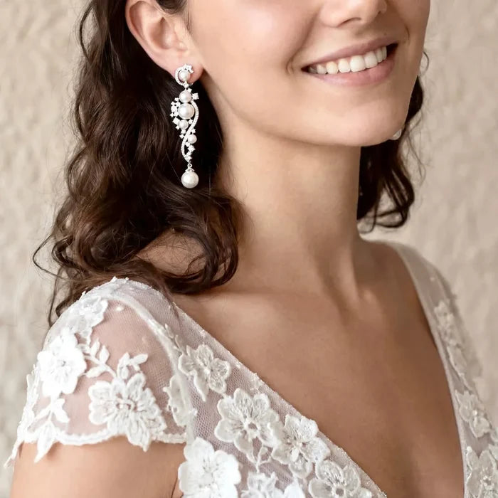 Wedding Jewelry - Pearl and Cubic Zirconia Bridal Earrings