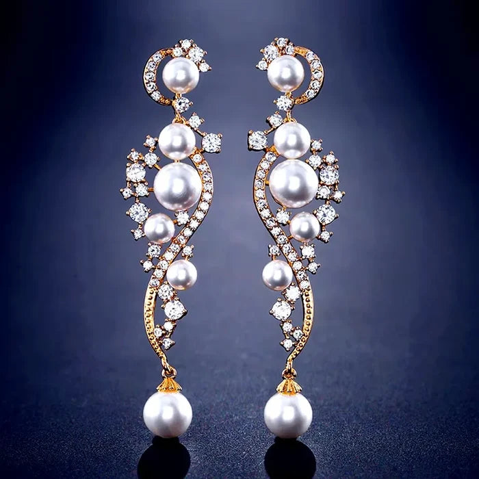 Wedding Jewelry - Pearl and Cubic Zirconia Bridal Earrings