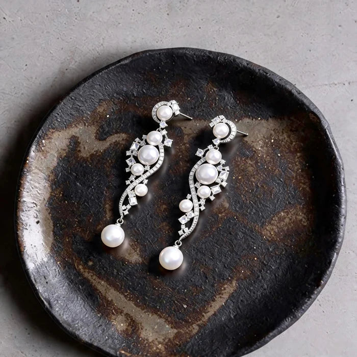 Wedding Jewelry - Pearl and Cubic Zirconia Bridal Earrings