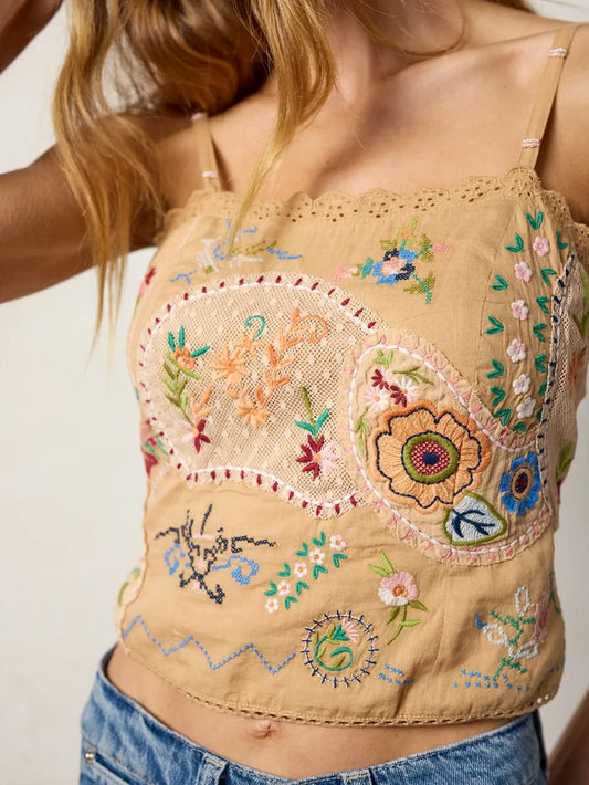 Mabel Embroidered Cotton Top - Tan-view 1