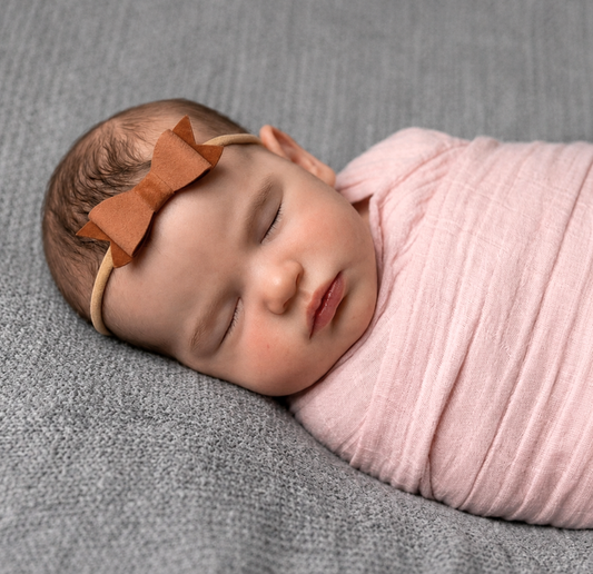 Newborn baby wrapped in pink swaddle, wearing brown bow headband and laying on grey blanket.