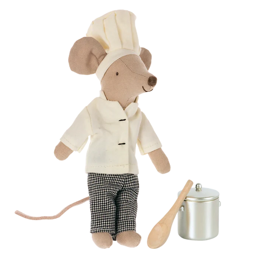 Stuffed mouse toy dressed as a chef with kitchen utensils on a white background
