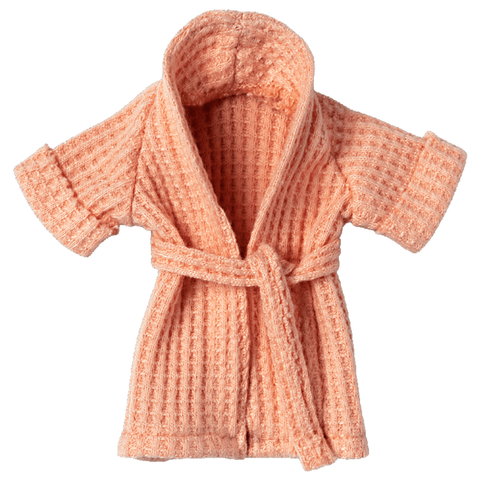 A small, pink bathrobe designed for toy mice, displayed on a white background.