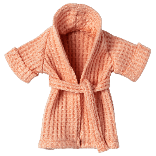 A small, pink bathrobe designed for toy mice, displayed on a white background.