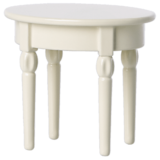 A small white round side table with four legs, suitable for a dollhouse or toy setting.