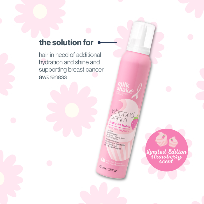 Pink bottle of 'milk_shake' whipped cream hair product with floral design and text on a light pink background