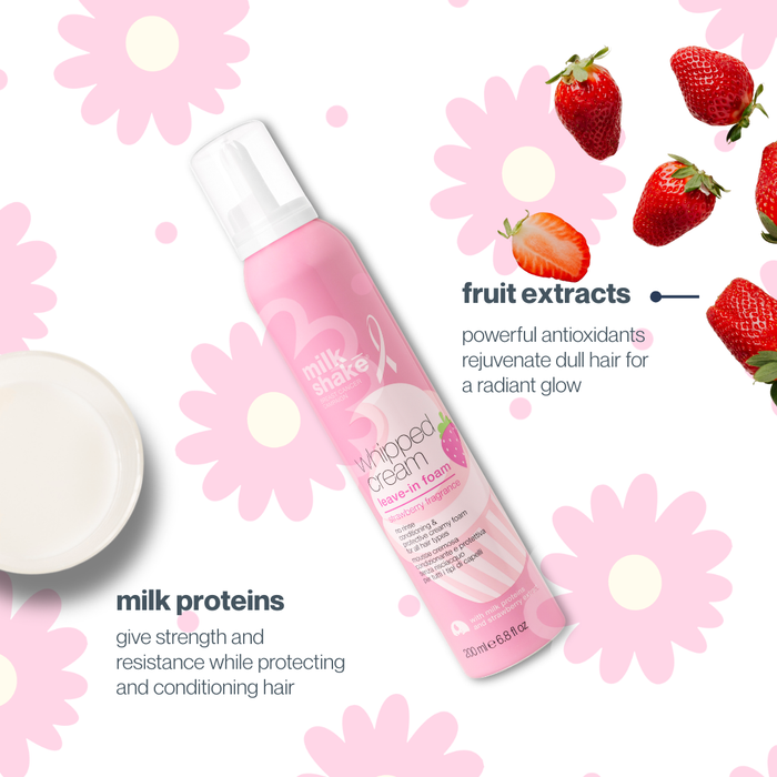 milk_shake Pink hair care product with strawberry elements and text about fruit extracts and milk proteins on a floral background.