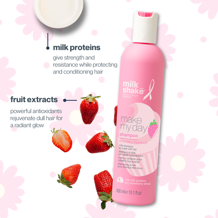 Pink milk_shake shampoo bottle with strawberry graphics and text about milk proteins and fruit extracts on a pink floral background.