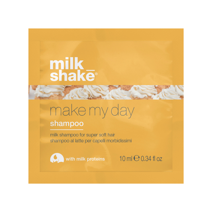 Shampoo sachet with 'milk_shake make my day' branding on a white background