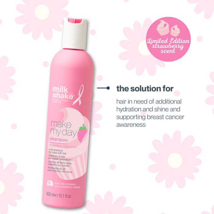 Pink milk_shake shampoo bottle with floral design and text on a white background